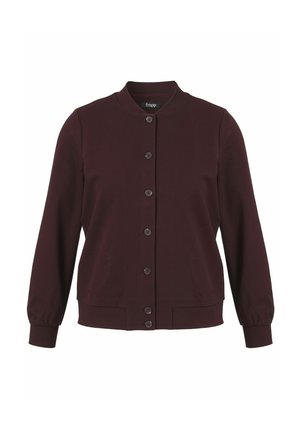 Veste bomber boutonnée de couleur bourgogne foncé avec manches longues, poignets côtelés, col et ourlet, présentée de face.