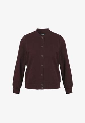 Dark burgundy button-up bomber jacket with long sleeves, ribbed cuffs, collar, and hem, displayed front-facing.