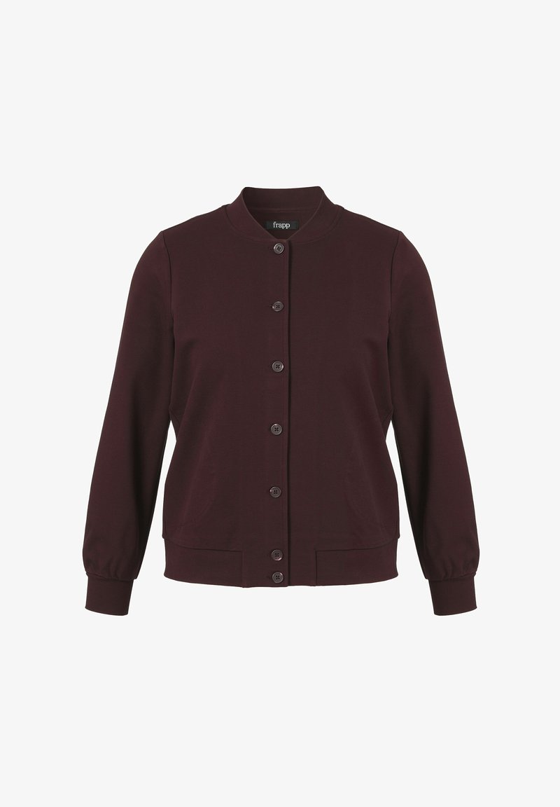 Donker bordeaux button-up bomberjack met lange mouwen, geribbelde manchetten, kraag en zoom, van voren weergegeven.
