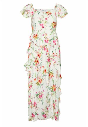 Vestido midi blanco con flores rosas y naranjas, mangas abullonadas, escote cuadrado y detalles de volantes en capas en la parte delantera.