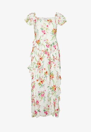 Vestido midi blanco con flores rosas y naranjas, mangas abullonadas, escote cuadrado y detalles de volantes en capas en la parte delantera.