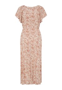 Midi dress with short flutter sleeves and a beige base featuring a scattered rust-colored floral pattern.