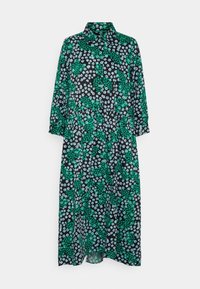 Kukallinen midi-mekko mustalla taustalla, jossa on vihreitä ja vaaleansinisia kukkia, nappisalaisuus edessä, kaulus ja pitkät hihat.