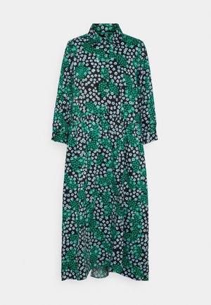 Vestido midi floral con fondo negro, presenta flores verdes y azul claro, cierre delantero con botones, cuello y mangas largas.