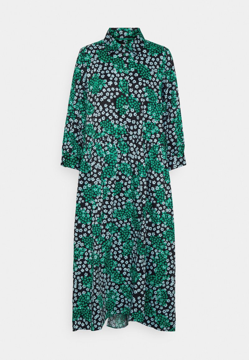 Kukallinen midi-mekko mustalla taustalla, jossa on vihreitä ja vaaleansinisia kukkia, nappisalaisuus edessä, kaulus ja pitkät hihat.