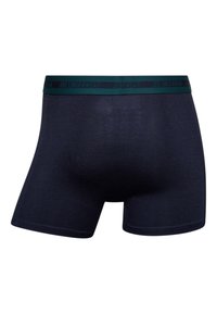 Marineblå boxershorts lavet af blødt stof, med en bred mørkegrøn elastisk talje med "JBS UNDERWEAR" indskrevet.