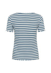 Gestreiftes kurzärmeliges Oberteil in Blau und Weiß, mit gerippter Textur, wellenförmigem Ausschnitt und Saumdetail.