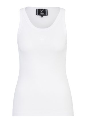 Débardeur blanc côtelé sans manches avec un col rond et une étiquette de marque noire à l'arrière du col, taille petite.