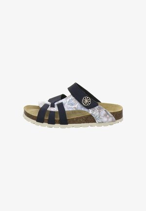 Open-toe sandal with navy straps, floral-patterned band, cork footbed, and white rubber sole, featuring a decorative flower-shaped button.
