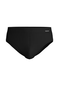 Zwarte heren zwemboxers gemaakt van gladde stof. Kenmerken zijn een aansluitend ontwerp met een brede elastische tailleband en een klein logo aan de voorkant.