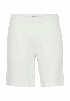 Hvit linshorts med rett snitt, med en to-knapps lukking og belteholdere. Glatt tekstur uten synlige mønstre.