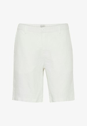 Shorts bianchi in lino con taglio dritto, dotati di chiusura a due bottoni e passanti per cintura. Texture liscia senza motivi visibili.