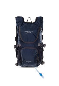 Hydration backpack in navy, made of lightweight material, features a front pocket, adjustable straps, and a hose with a blue connector.