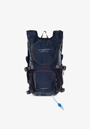 Hydratatietas in navy, gemaakt van lichtgewicht materiaal, beschikt over een voorvak, verstelbare banden en een slang met een blauwe connector.