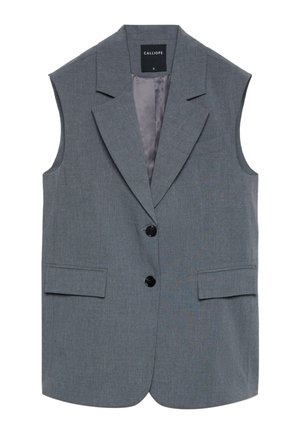 Gilet grigio senza maniche su misura con due bottoni neri, colletto a revers, due tasche frontali con patta e fodera interna in raso, taglia piccola.