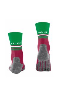 Knielange sokken in magenta met een geribde groene boord. Heeft gestreepte accenten in groen en wit. Verstevigde grijze hiel en teen.