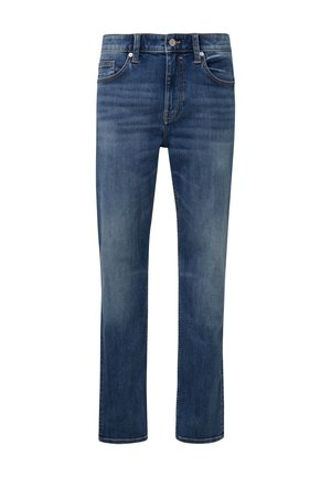 Denim-Jeans in Blau mit geradem Bein, fünf Taschen und subtilem Verblassen. Klassischer Knopf- und Reißverschluss.