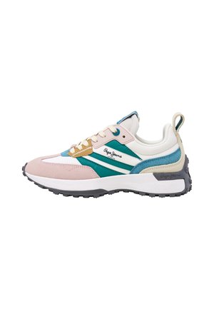 Sneaker multicolore con una combinazione di materiali in suede e pelle, base bianca con accenti teal, rosa e oro, e suola nera texturizzata.