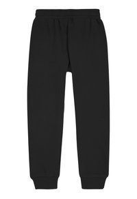 Sorte joggingbukser lavet af blødt stof med elastisk taljebånd, tilspidsede manchetter og sidelommer, med en glat, mat tekstur.