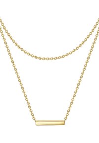 Guldtonad dubbelkedja med en platt rektangulär hänge. Kedjorna är länkade med enhetliga runda länkar som ger en jämn yta.