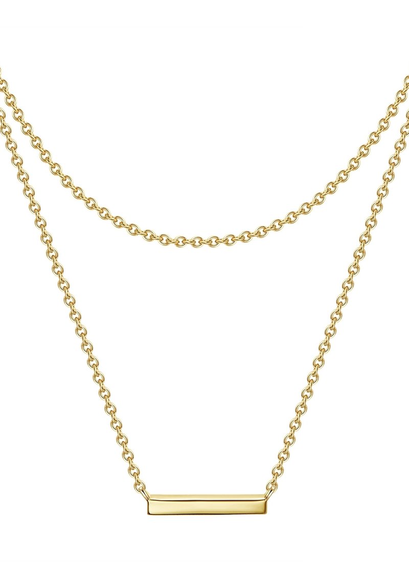 Guldtonad dubbelkedja med en platt rektangulär hänge. Kedjorna är länkade med enhetliga runda länkar som ger en jämn yta.