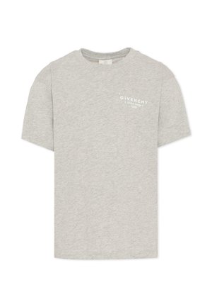 T-shirt grigio chiaro a maniche corte con scollo rotondo e piccolo logo bianco Givenchy sul petto in alto a sinistra.