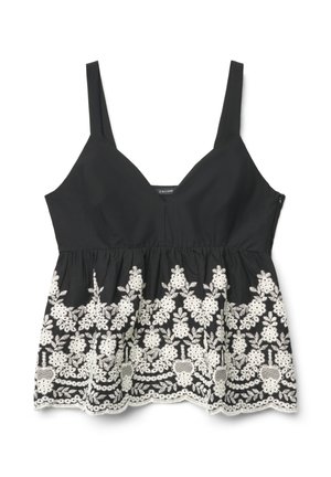 Top nero senza maniche con spalline larghe e ricamo floreale bianco lungo l'orlo arricciato e la parte inferiore del busto.