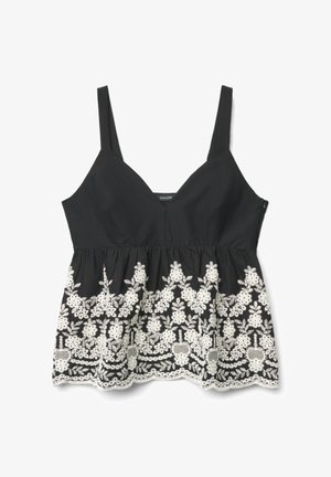 Top nero senza maniche con spalline larghe e ricamo floreale bianco lungo l'orlo arricciato e la parte inferiore del busto.