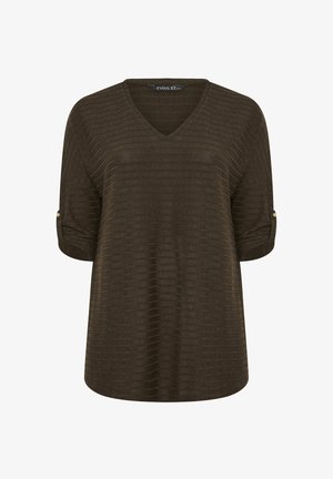 Donkerbruin geribd gebreid topje met V-hals en driekwart mouwen met knoopstrips.
