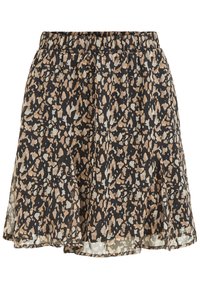 Jupe noire avec imprimé floral abstrait beige et blanc, taille élastique et tissu fluide avec de légers plis à l'ourlet.
