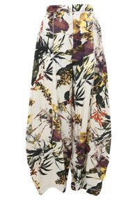 Wijde broek met een hoge taille, met een kleurrijke tropische bloemenprint op een lichte achtergrond.