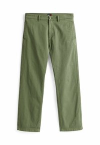Pantaloni in cotone verde con design a gamba dritta, dotati di chiusura con bottone, passanti per cintura e tasche laterali. Tessuto liscio senza motivi.