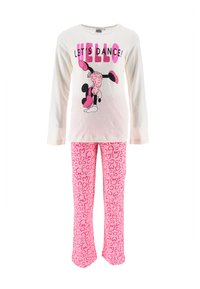 Top de manga larga color crema con el texto "¡HOLA, BALEMOS!" y un gráfico de un personaje bailando; pantalones de pijama con estampado de leopardo rosa.