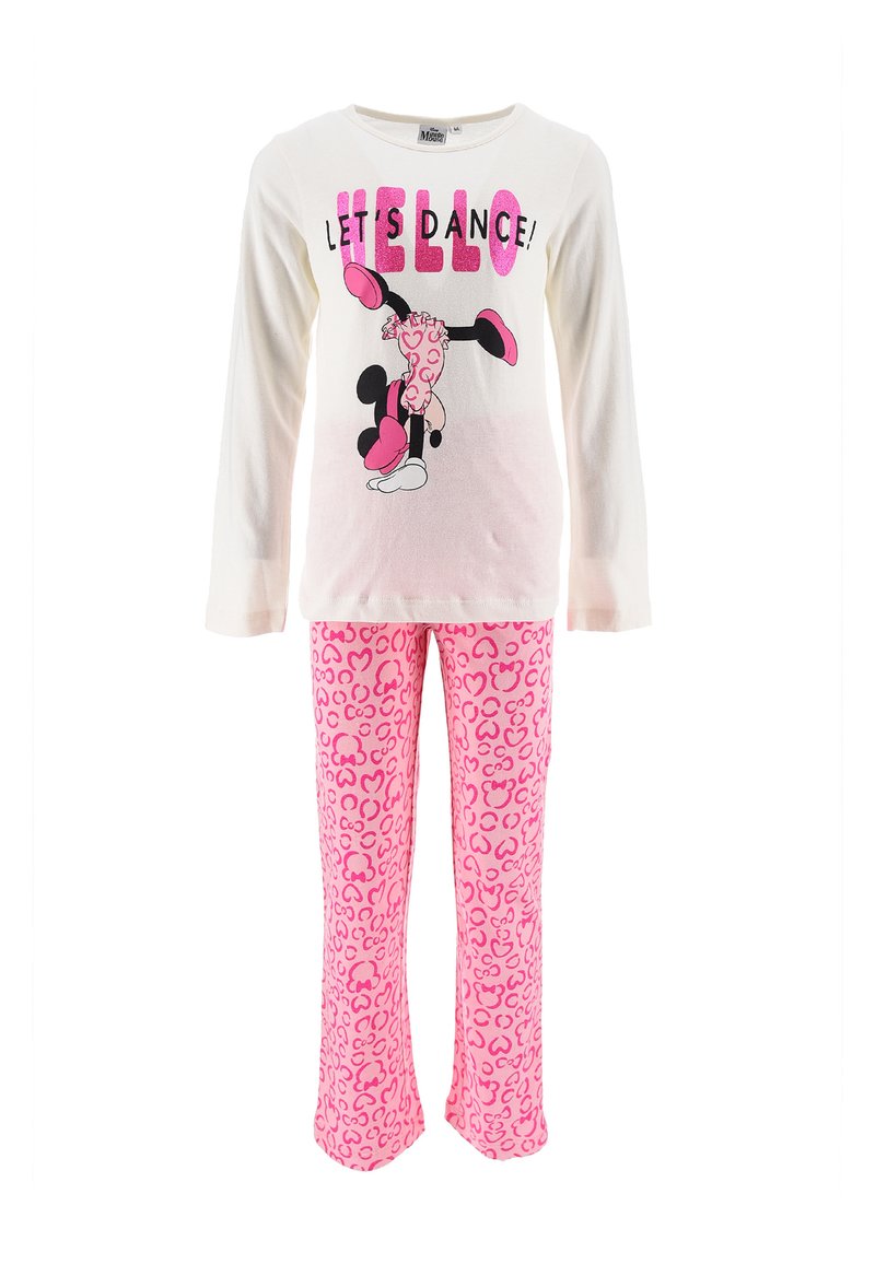 Top de manga larga color crema con el texto "¡HOLA, BALEMOS!" y un gráfico de un personaje bailando; pantalones de pijama con estampado de leopardo rosa.