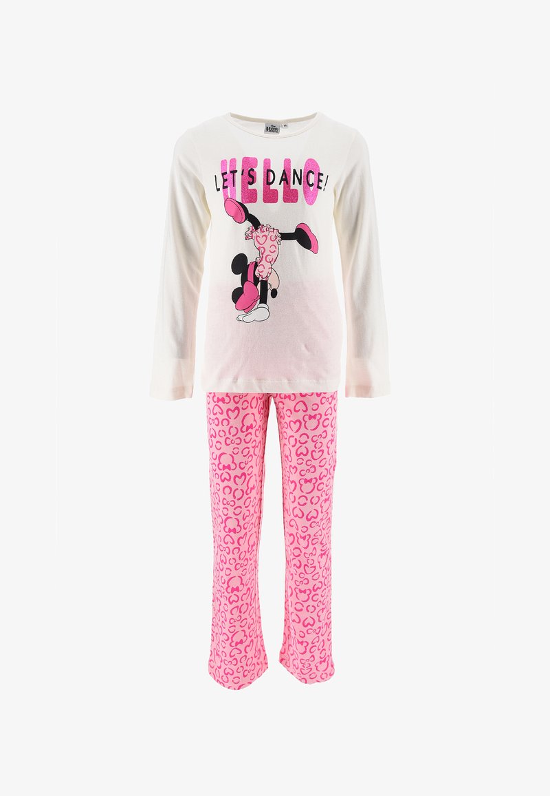 Haut crème à manches longues avec le texte "BONJOUR, DANSONS !" et un graphique d'un personnage dansant ; pantalon de pyjama à imprimé léopard rose.