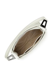 Borsa a mano in pelle bianca con chiusura a zip, texture liscia, interno in tessuto color tabacco e accentuazione metallica rettangolare sulla tracolla.