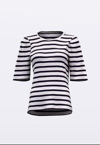 Top a maniche corte a righe con strisce orizzontali blu navy e bianche, scollo rotondo e tessuto testurizzato a coste.