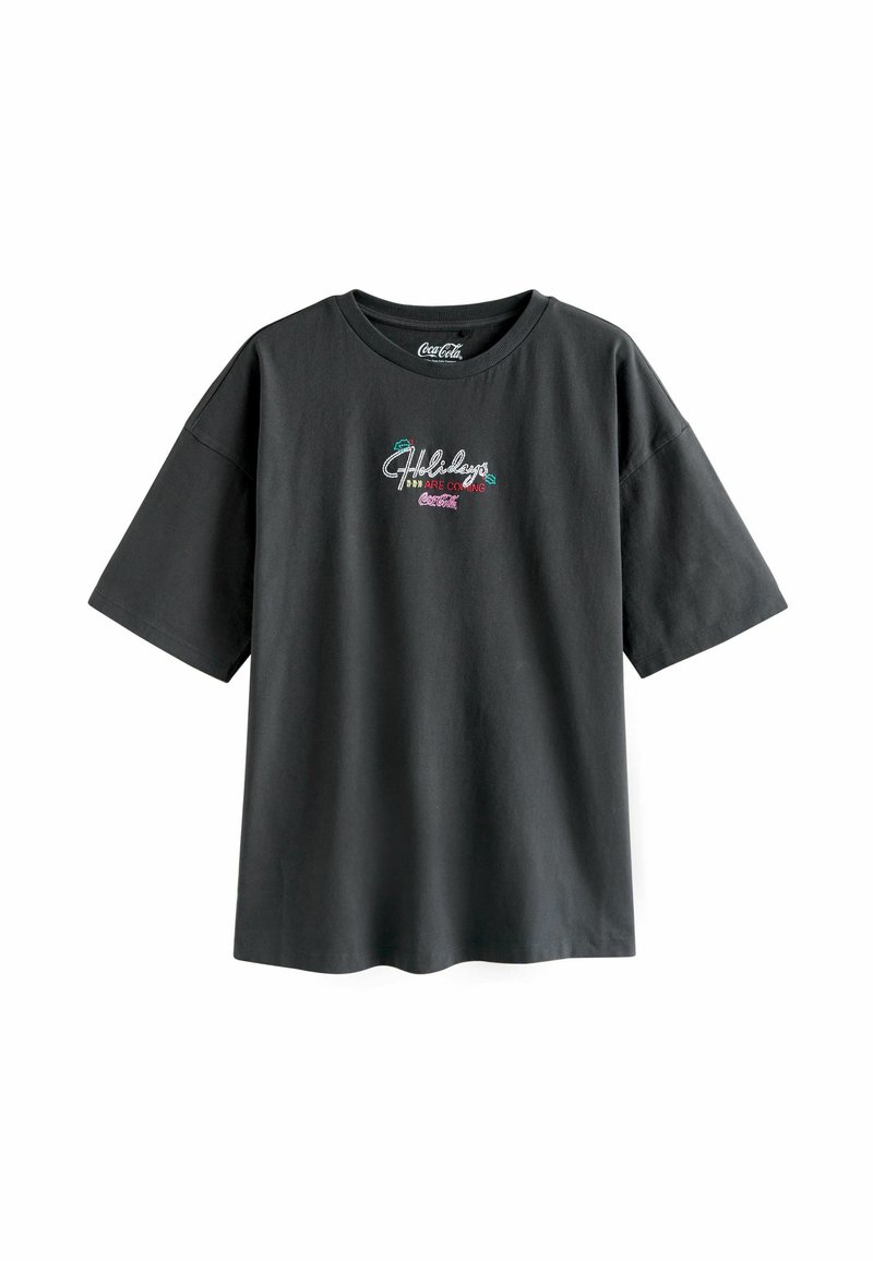 Svart bomulls t-shirt med korta ärmar, med flerfärgad broderad text som säger "Holidays 1993 ARE COMING Coca-Cola" på framsidan.