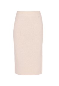 Strick-Bleistiftrock in Hellbeige mit einer figurbetonten Silhouette und einem breiten elastischen Bund für hohen Tragekomfort. Weiche Textur und minimale Details.