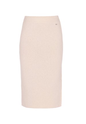 Strick-Bleistiftrock in Hellbeige mit einer figurbetonten Silhouette und einem breiten elastischen Bund für hohen Tragekomfort. Weiche Textur und minimale Details.