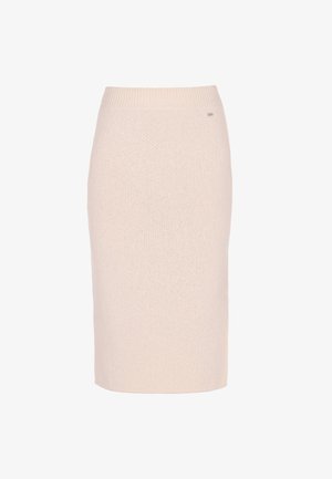 Gebreide kokerrok in lichtbeige, met een aansluitende pasvorm en een brede elastische tailleband voor comfort. Zachte textuur, minimale details.