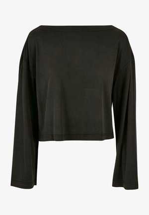 Černý zkrácený top vyrobený z měkké tkaniny, s dlouhými rukávy a širokým lodičkovým výstřihem, s hladkým povrchem a minimálním šitím.