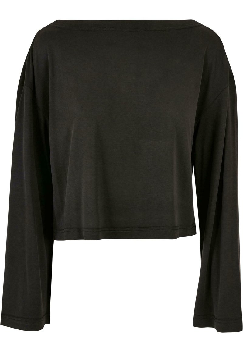 Schwarzes Crop-Top aus weichem Stoff, mit langen Ärmeln und einem breiten, bootalartigen Ausschnitt, der eine glatte Textur und minimale Nähte aufweist.