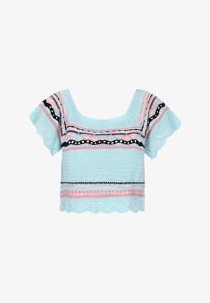 Világoskék, rövidujjú kötött crop top, csipkés ujjak díszítik, színes csíkos mintával pink, fekete és fehér színekben. Az anyag textúrázott mintázatú.