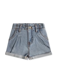 Shorts in denim azzurro chiaro con risvolti, pieghe frontali e dettagli cuciti. Presentano due tasche frontali e una chiusura con bottone in metallo.