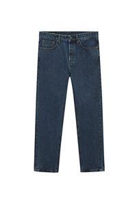 Jeans in denim blu scuro con un design a gamba dritta, cinque tasche e cuciture a contrasto. Presentano una chiusura con bottone e zip.