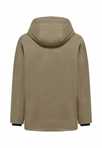 Khaki kurtka wierzchnia z kapturem, długimi rękawami i czarnymi mankietami. Posiada gładką, matową teksturę oraz minimalistyczny design.