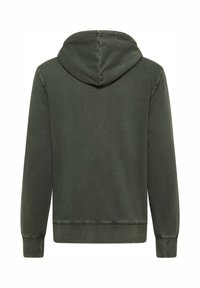 Mørkegrøn hættetrøje i blødt, tekstureret stof. Har lange ærmer og ribstrikkede detaljer ved manchetter og kant.