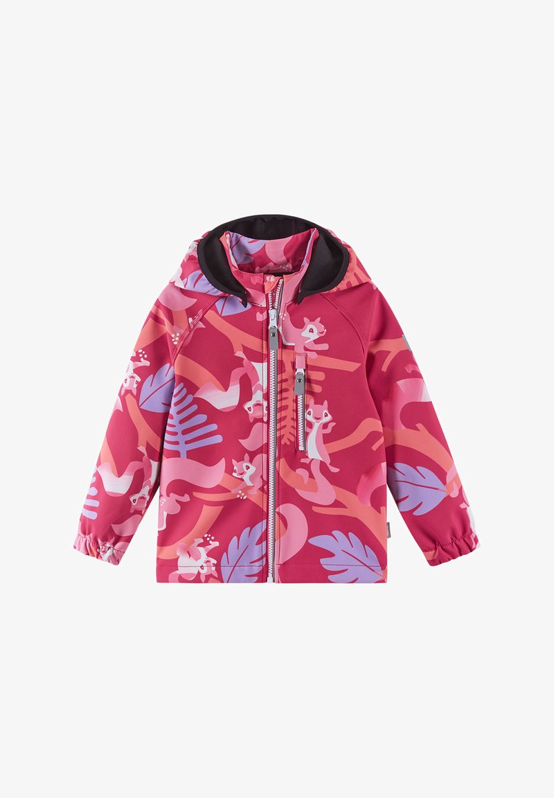 Rosa wasserdichte Jacke mit Kapuze, ausgestattet mit einem bunten Muster von Füchsen und Blättern, elastischen Bündchen und einem Frontreißverschluss.