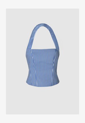 Blått og hvitt rutete crop top med en strukturert bodice, halter neck og brede stropper, som har en jevn stofftekstur og en tettsittende silhuett.